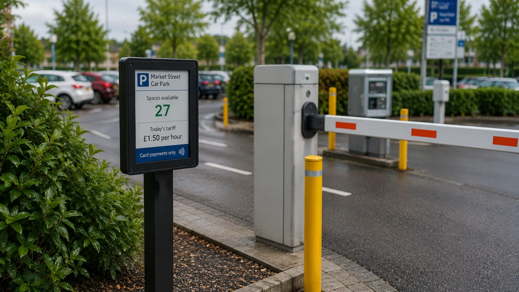 A pole-mounted Chroma Digital colour e-ink sign at the entrance to Market Street Car Park, showing 27 spaces available and a £1.50 hourly tariff, with a barrier and pay machine behind.
