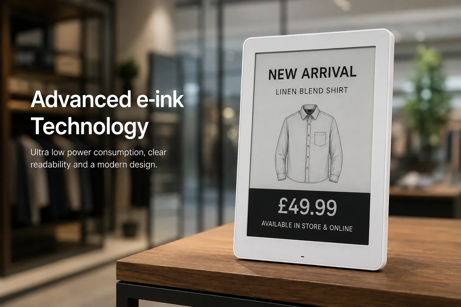 A tablet-sized Chroma Digital colour e-ink display on a shop table, showing a New Arrival linen blend shirt promotion priced £49.99, available in store and online.