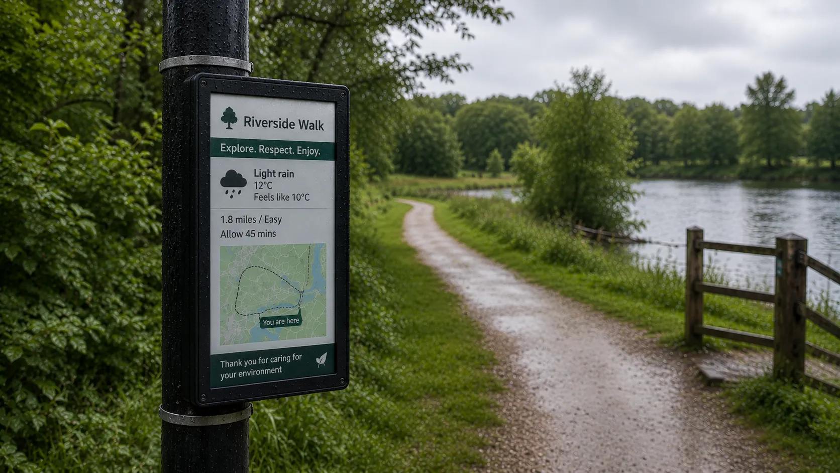 A pole-mounted Chroma Digital colour e-ink sign on a riverside trail, showing the Riverside Walk route with distance, difficulty, a trail map and a live weather readout.